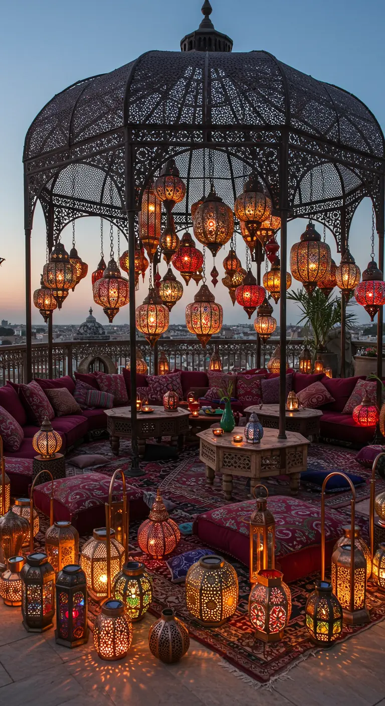 Terrasse marocaine sous une coupole en fer forgé avec d'innombrables lanternes colorées et motifs ciselés.