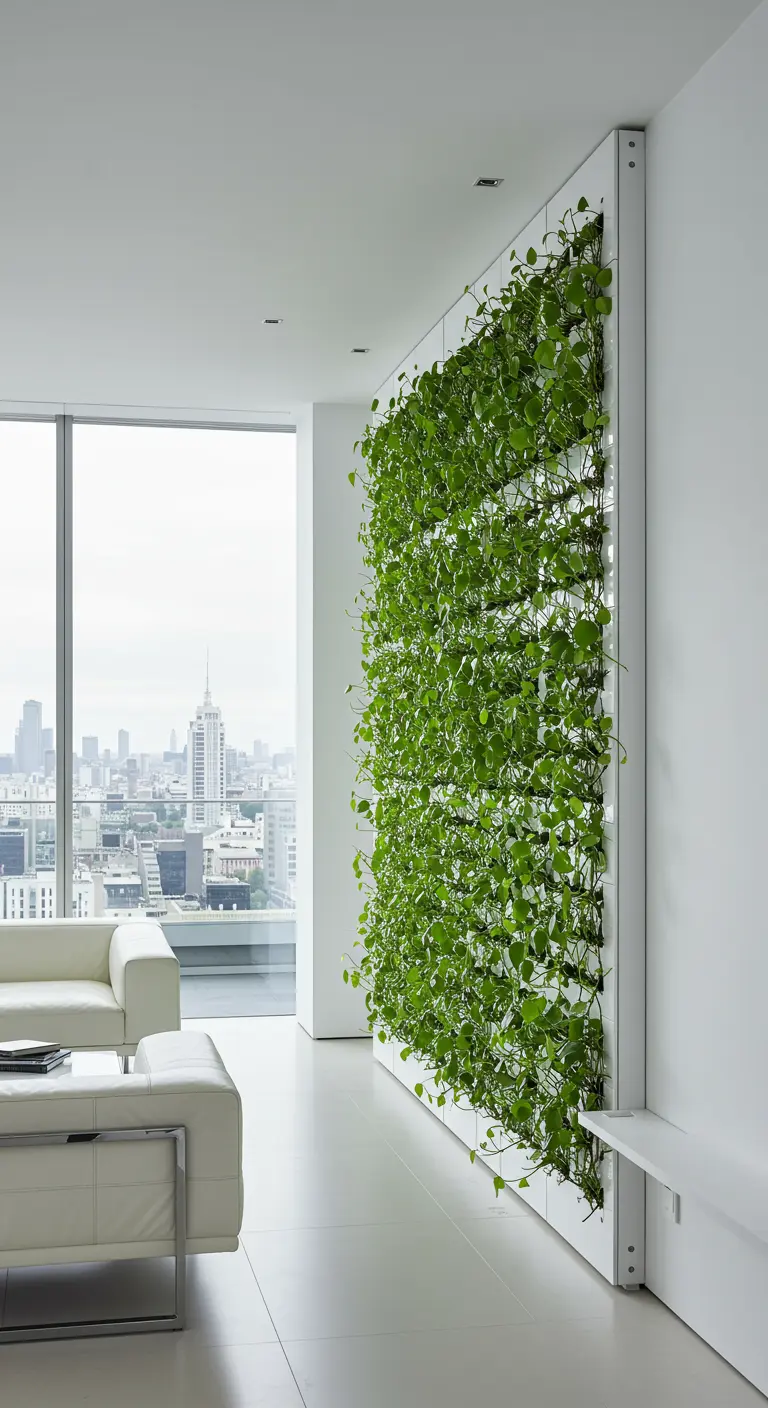 Grand panneau végétal vert clair intégré dans un mur blanc d'un salon moderne avec vue sur la ville.