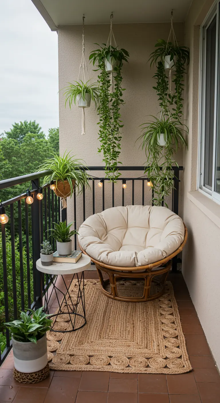 Balcon avec fauteuil Papasan en rotin, tapis en jute et plantes araignées suspendues.