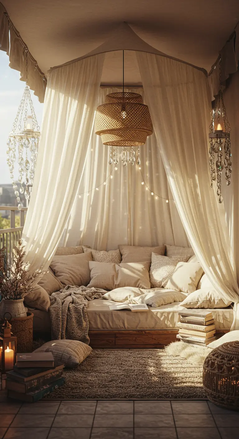 Espace extérieur blanc vaporeux avec voilages, canapé lit, tapis et lanternes.
