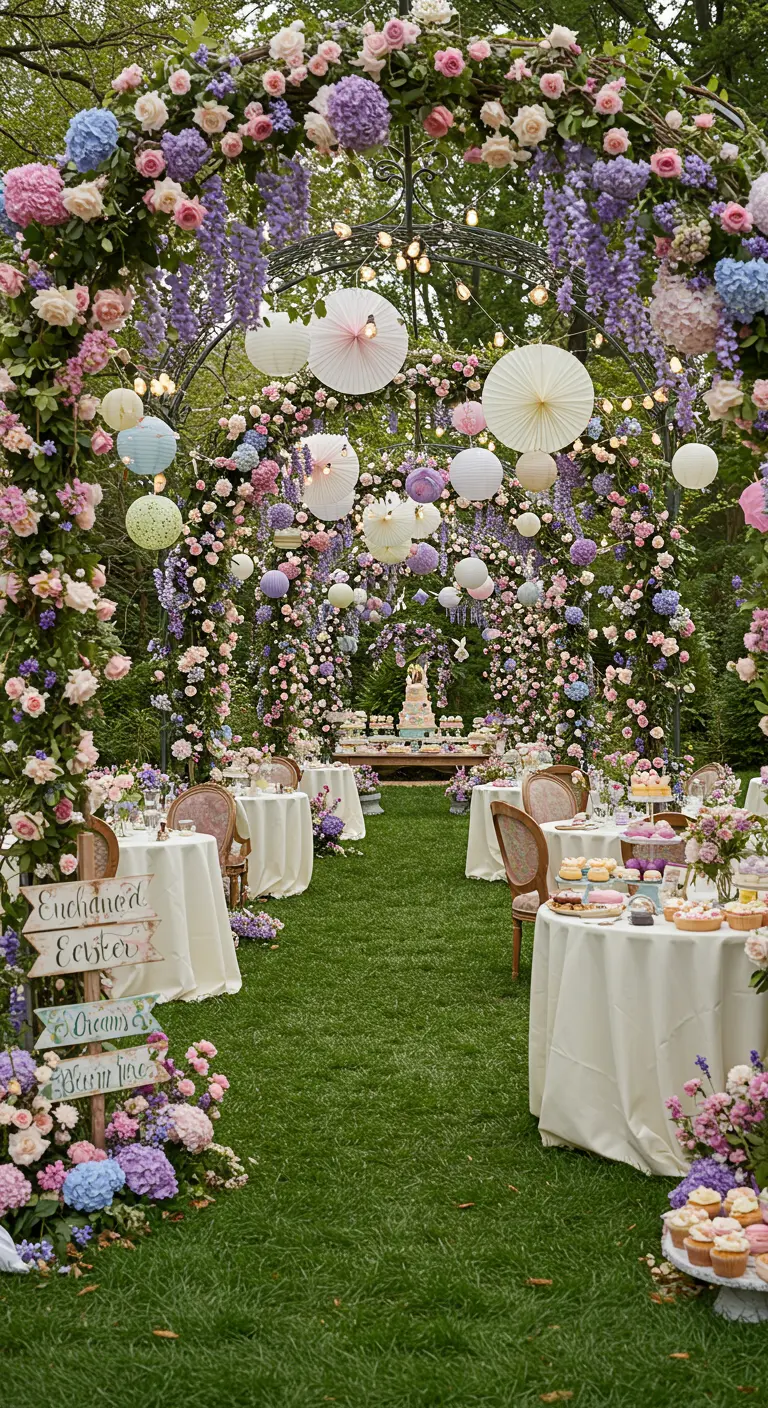 Allée de jardin transformée en tunnel floral somptueux avec arches de fleurs, lampions et tables de réception.