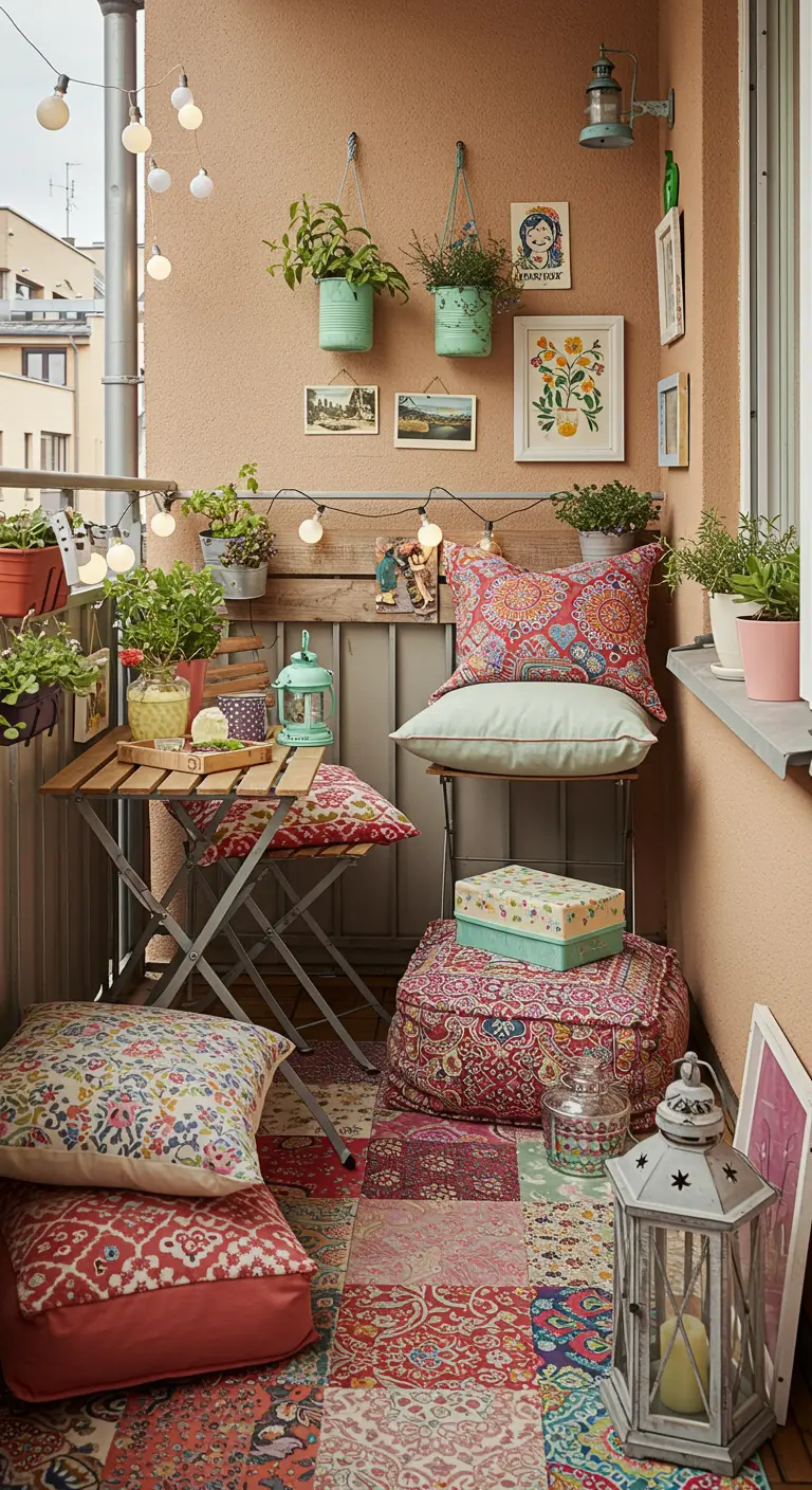 Balcon coloré avec tapis patchwork, mobilier pliant, coussins de sol et cadres muraux.