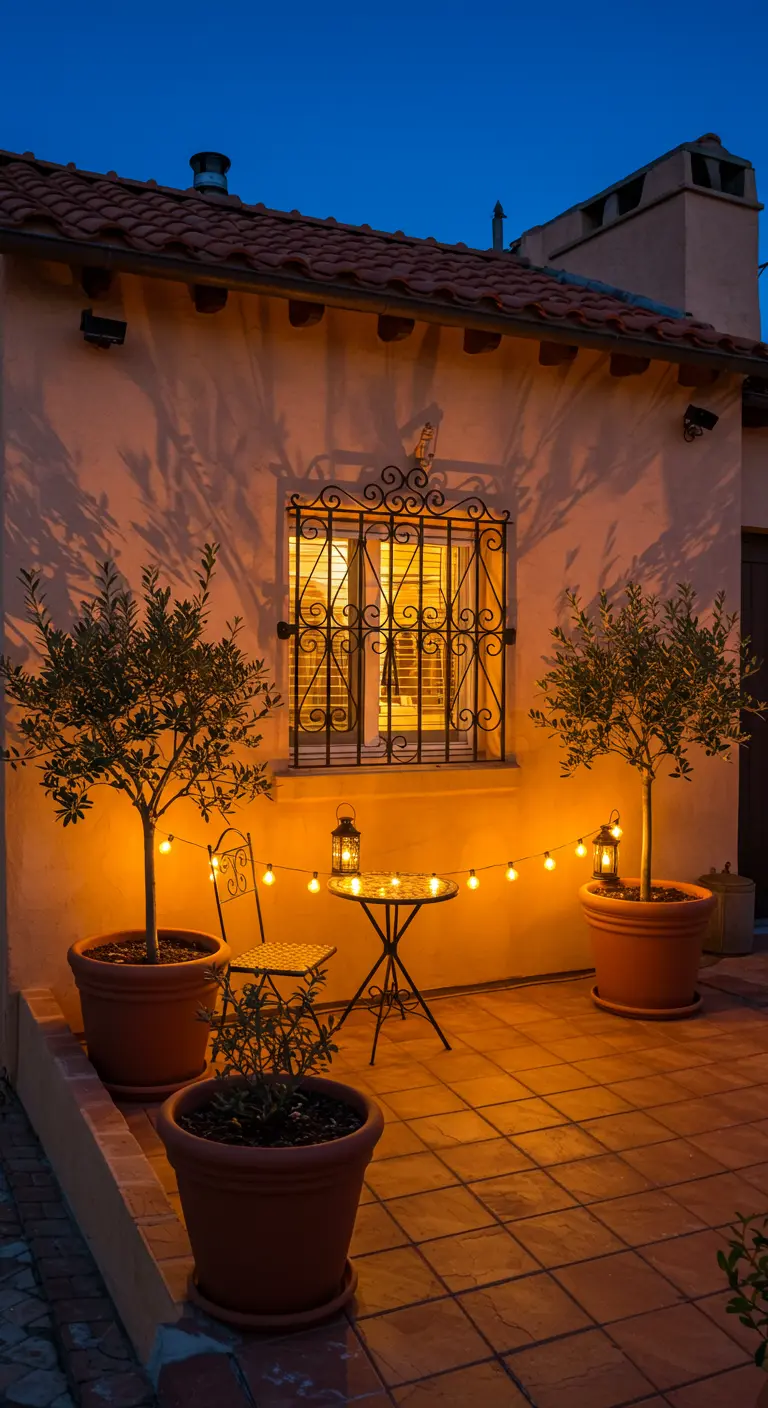 Petit patio méditerranéen avec des guirlandes lumineuses, des lanternes et des oliviers en pot.