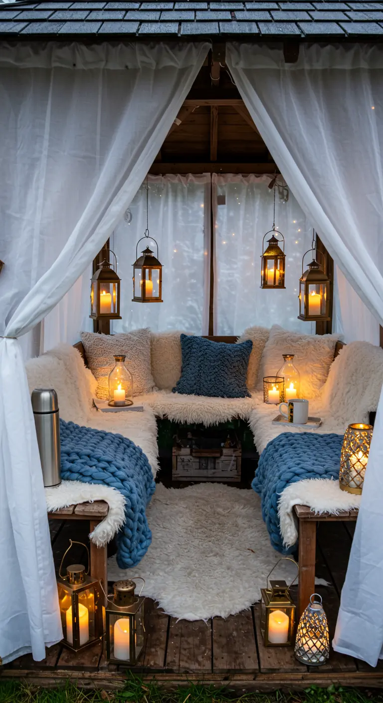 Gazebo avec rideaux blancs, lanternes suspendues, bancs et plaids bleus.