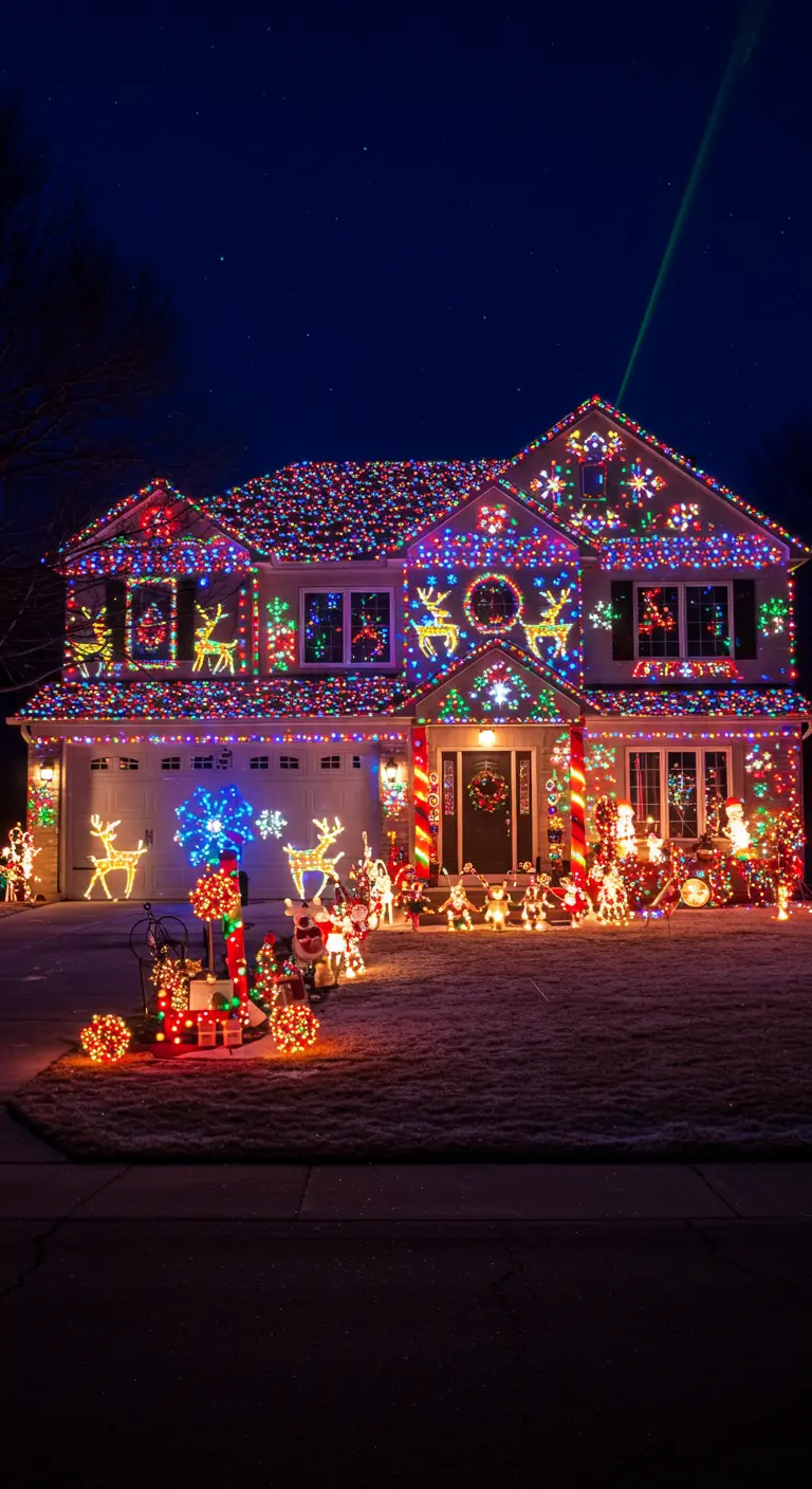 Maison familiale extravagamment décorée de guirlandes lumineuses multicolores, de rennes et de personnages de Noël.