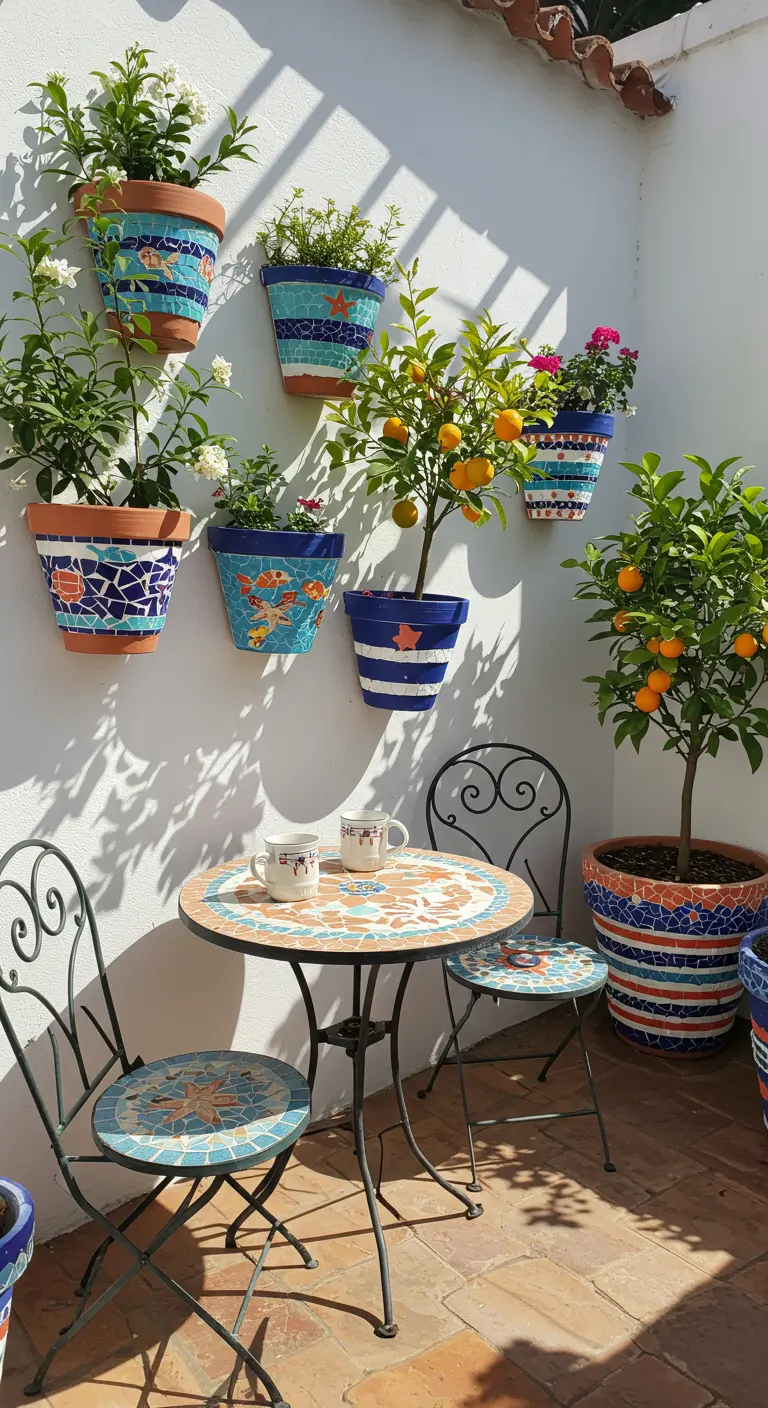 Petit patio avec table et chaises mosaïque, pots muraux et arbres fruitiers dans des pots, ensoleillé.