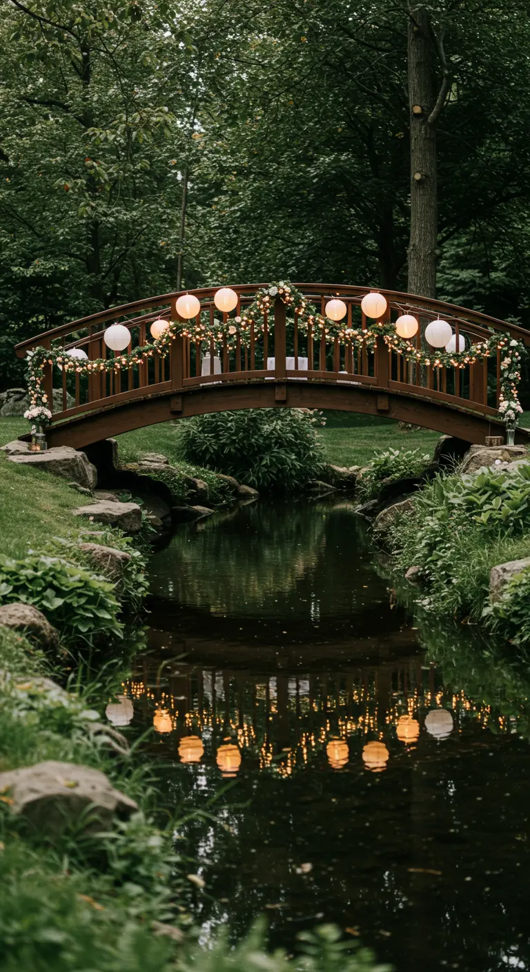 Pont en bois décoré de guirlandes lumineuses et de lampions blancs, reflétés dans l'eau.