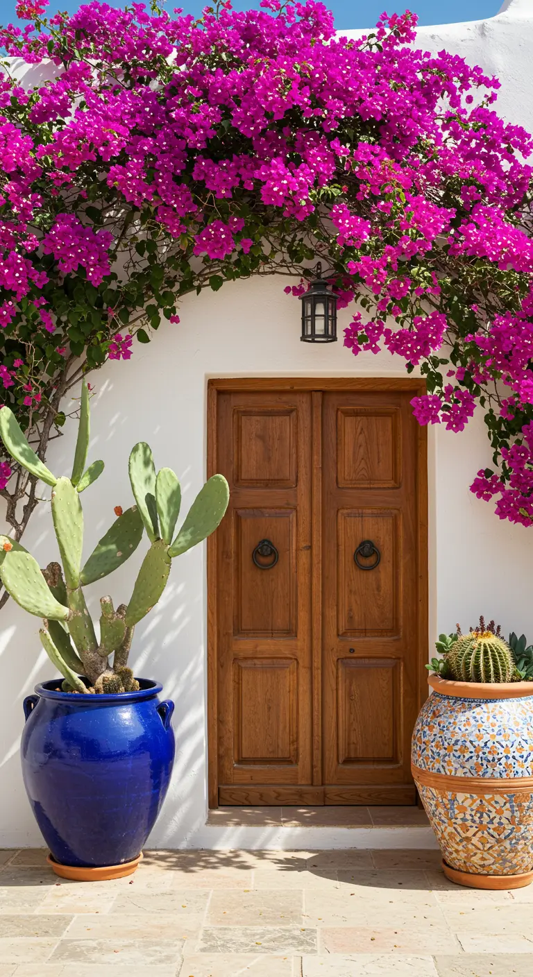 Porte en bois encadrée de bougainvilliers fuchsia, avec deux grands pots bleus et mosaïque.
