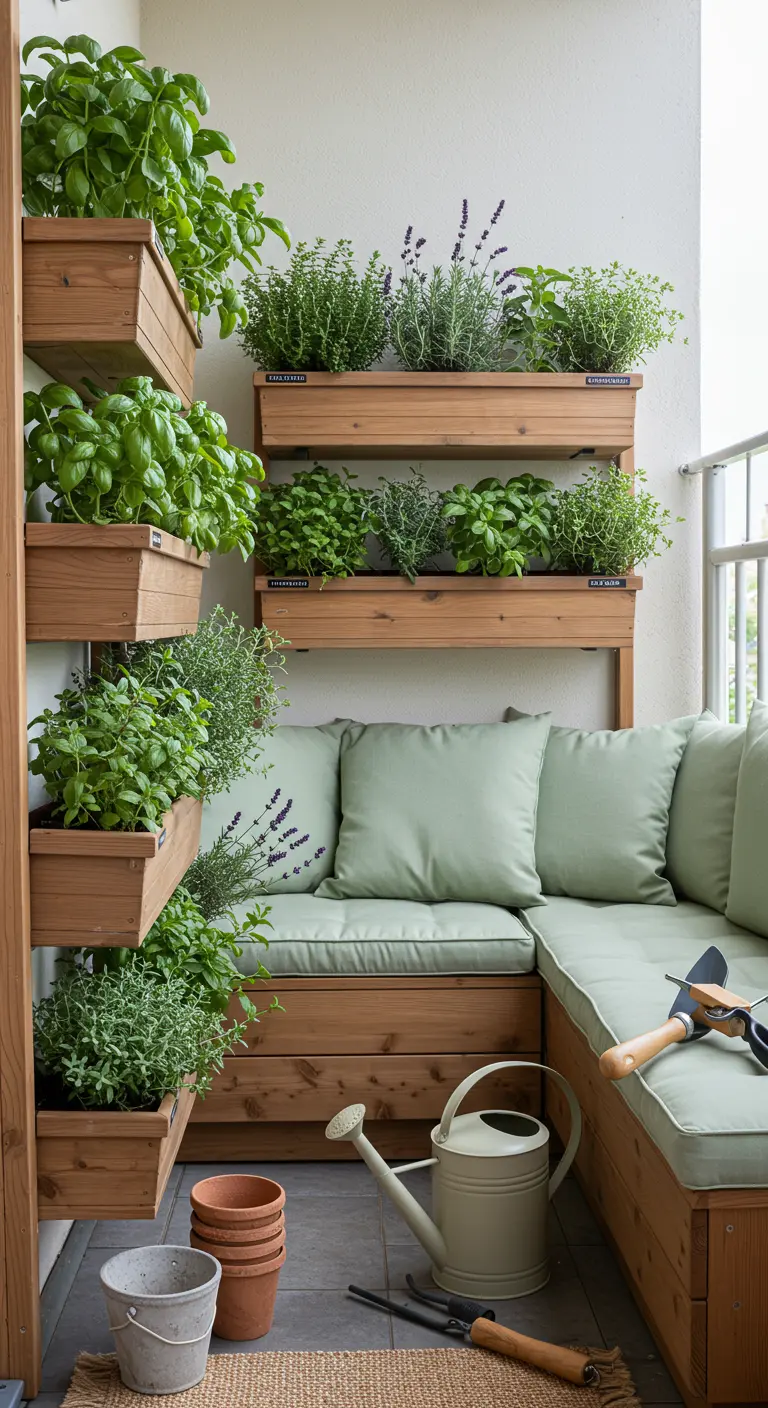 Balcon potager avec étagères en bois, herbes aromatiques et banquette.