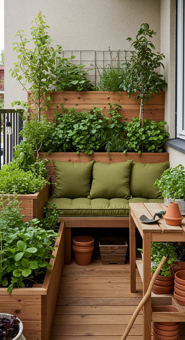 Balcon potager avec banquette en bois, fraises et herbes aromatiques.