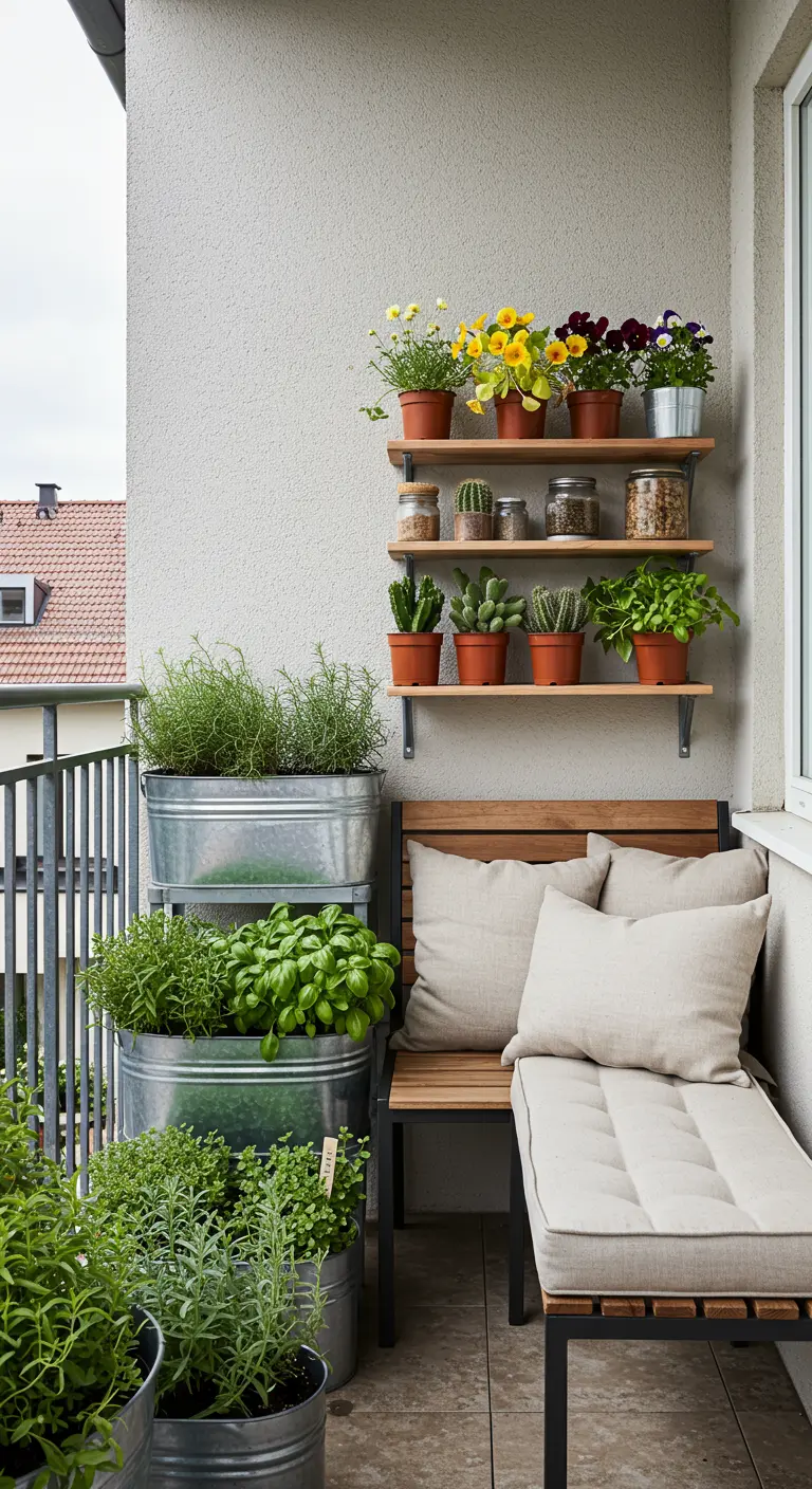 Balcon avec potager en bacs galvanisés, banc avec coussins et étagères de fleurs/succulentes.