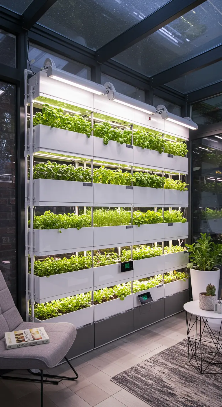 Allée de jardin bordée de jardinières sombres avec des légumes et des treillis.