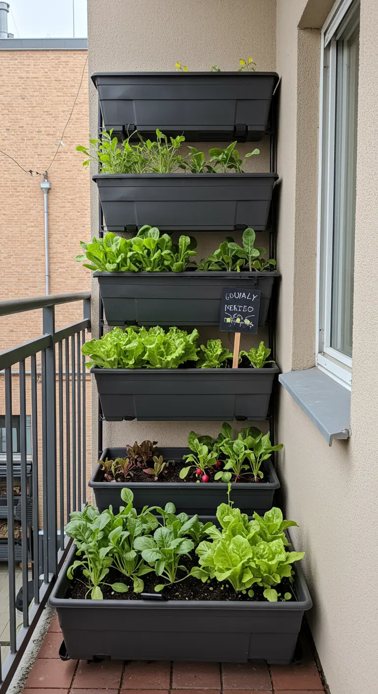 Potager vertical en escalier avec jardinières gris anthracite remplies de légumes variés