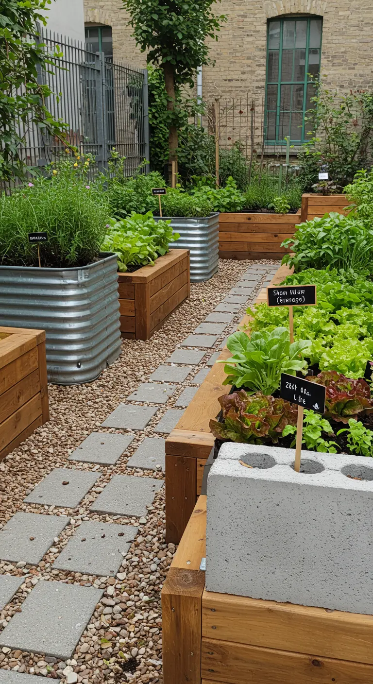 Potager en escalier sur un balcon avec des bacs en bois clair et un coussin.