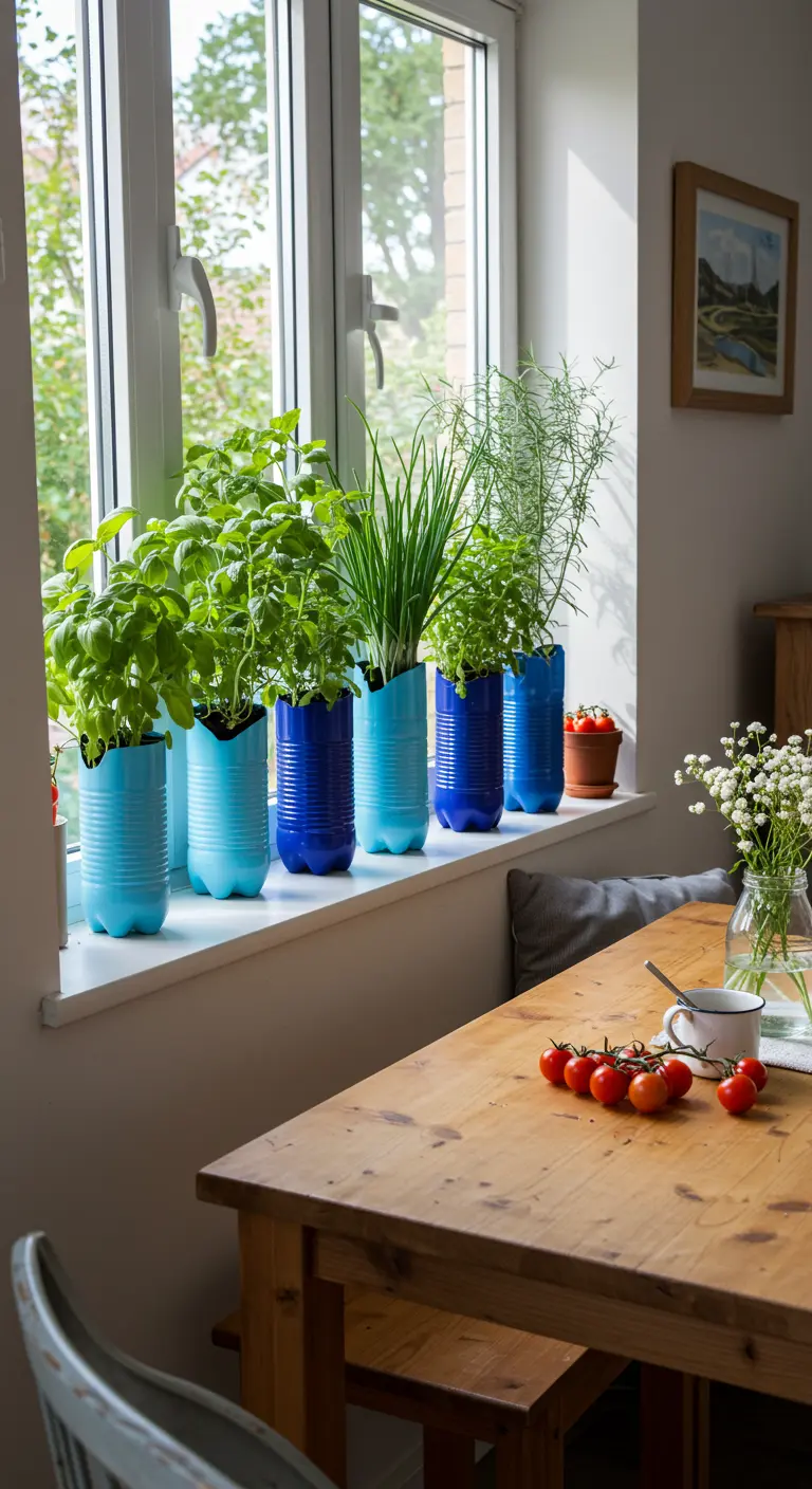 Bouteilles en plastique recyclées peintes en dégradé de bleu, servant de pots pour des herbes aromatiques sur un rebord de fenêtre.