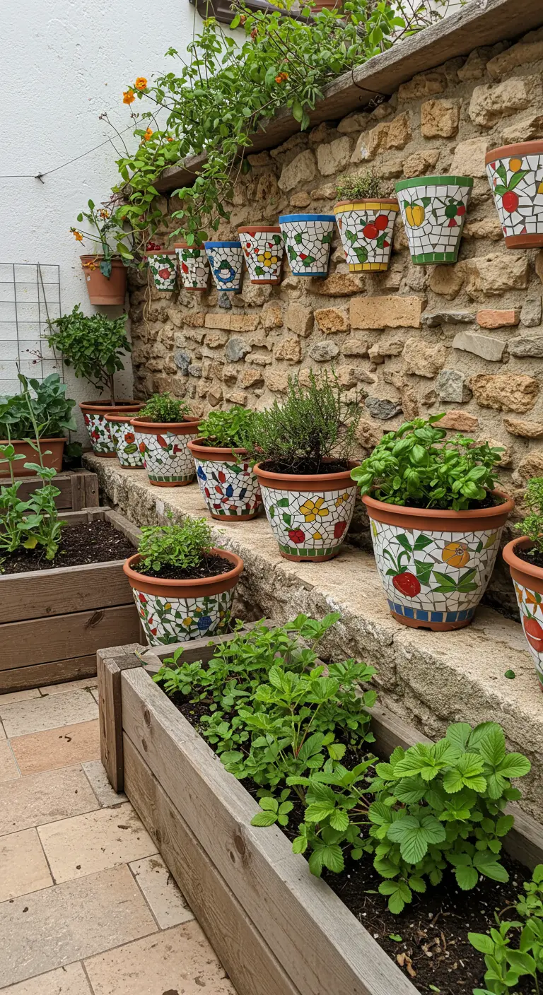 Jardin avec murs en pierre, rangée de petits pots mosaïque sur une étagère, herbes et plantes.