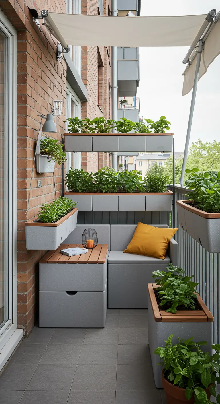 Potager modulaire gris perle avec plantes et fraises, coin salon intégré avec coussin jaune sur balcon