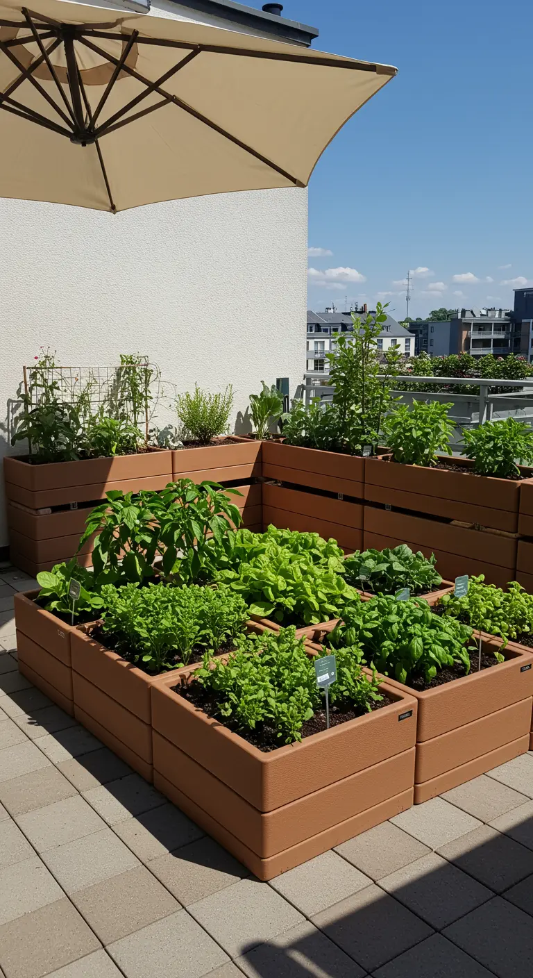 Potager serpentin en bois vert avec chemin de graviers et herbes aromatiques.