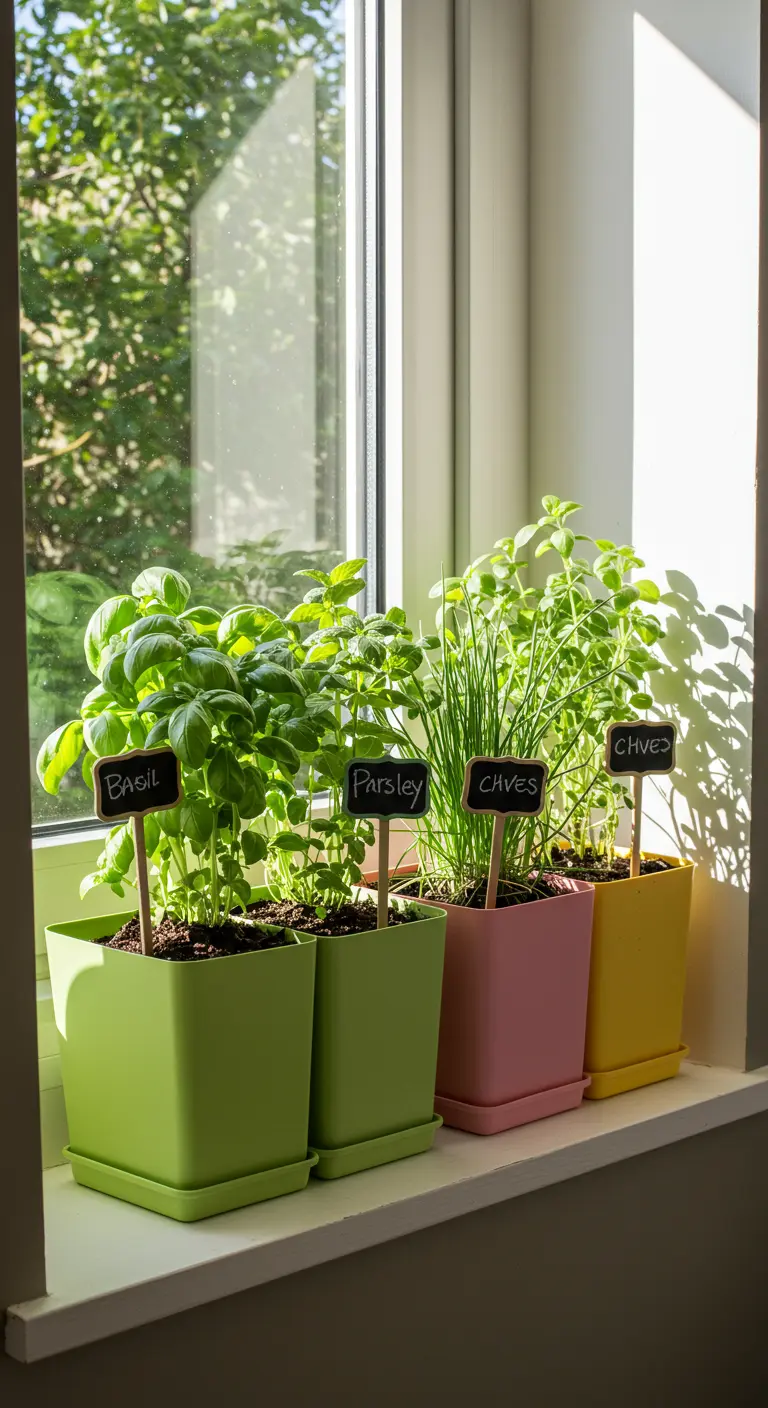 Pots de plantes aromatiques colorés (basilic, persil, ciboulette) sur un rebord de fenêtre.