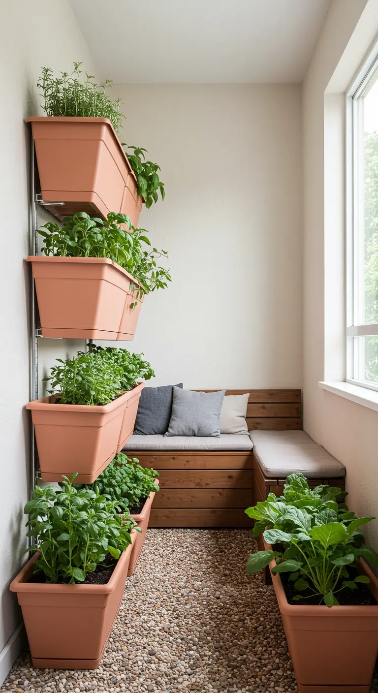 Jardinières couleur terracotta suspendues sur un balcon avec un banc en bois et un sol en gravier