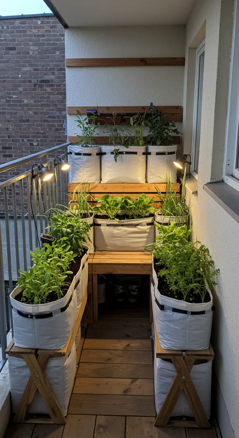 Potager avec sacs de culture en tissu blanc sur des étagères en bois, éclairé par des lampes