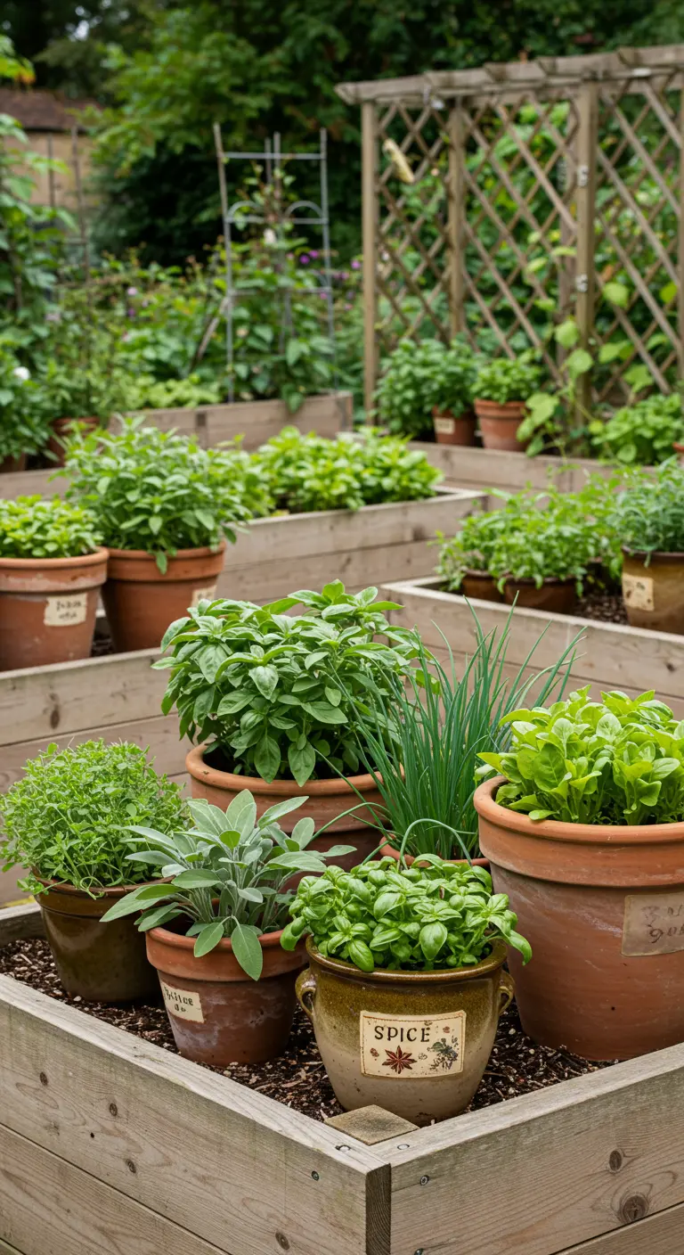 Carrés potagers en bois avec divers pots d'herbes aromatiques et étiquettes.