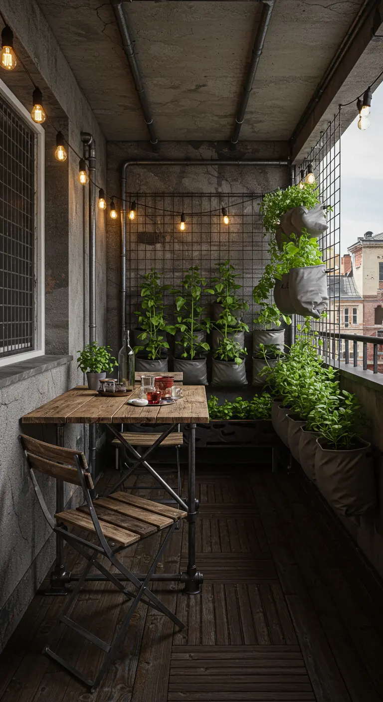 Balcon industriel avec sacs de culture suspendus, grille métallique, potager et mobilier.