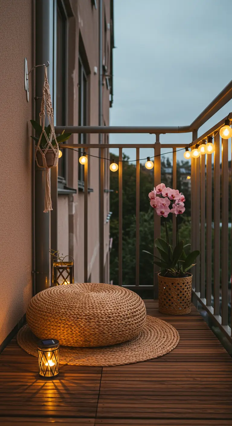 Petit balcon avec pouf géant en jute, tapis rond, orchidée et lanternes solaires.