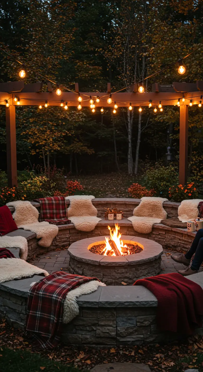 Foyer extérieur en pierre avec sièges, peaux de mouton et guirlandes lumineuses.