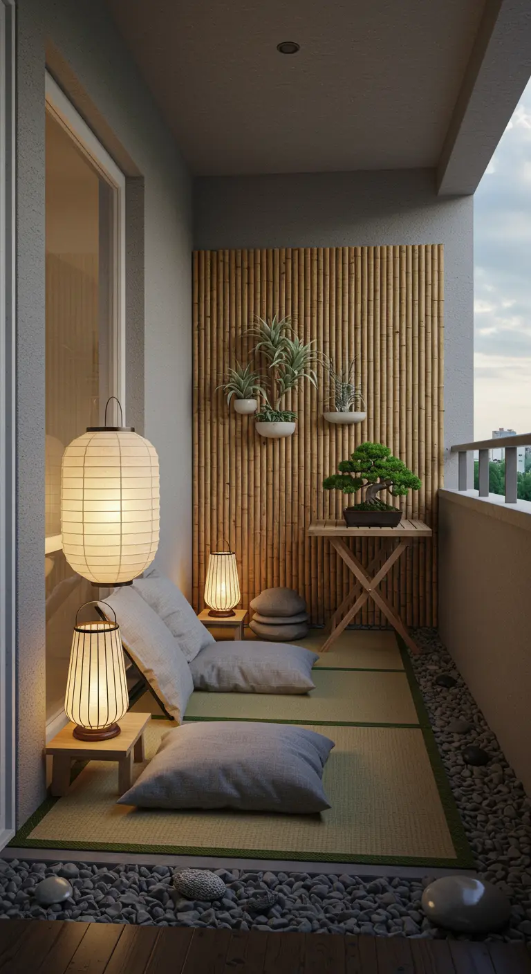 Balcon zen avec écran en bambou, coussins au sol, lanternes japonaises et bonsaï.