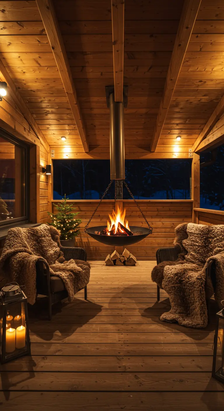 Terrasse en bois couverte avec brasero suspendu, chaises en fausse fourrure, petit sapin de Noël illuminé.