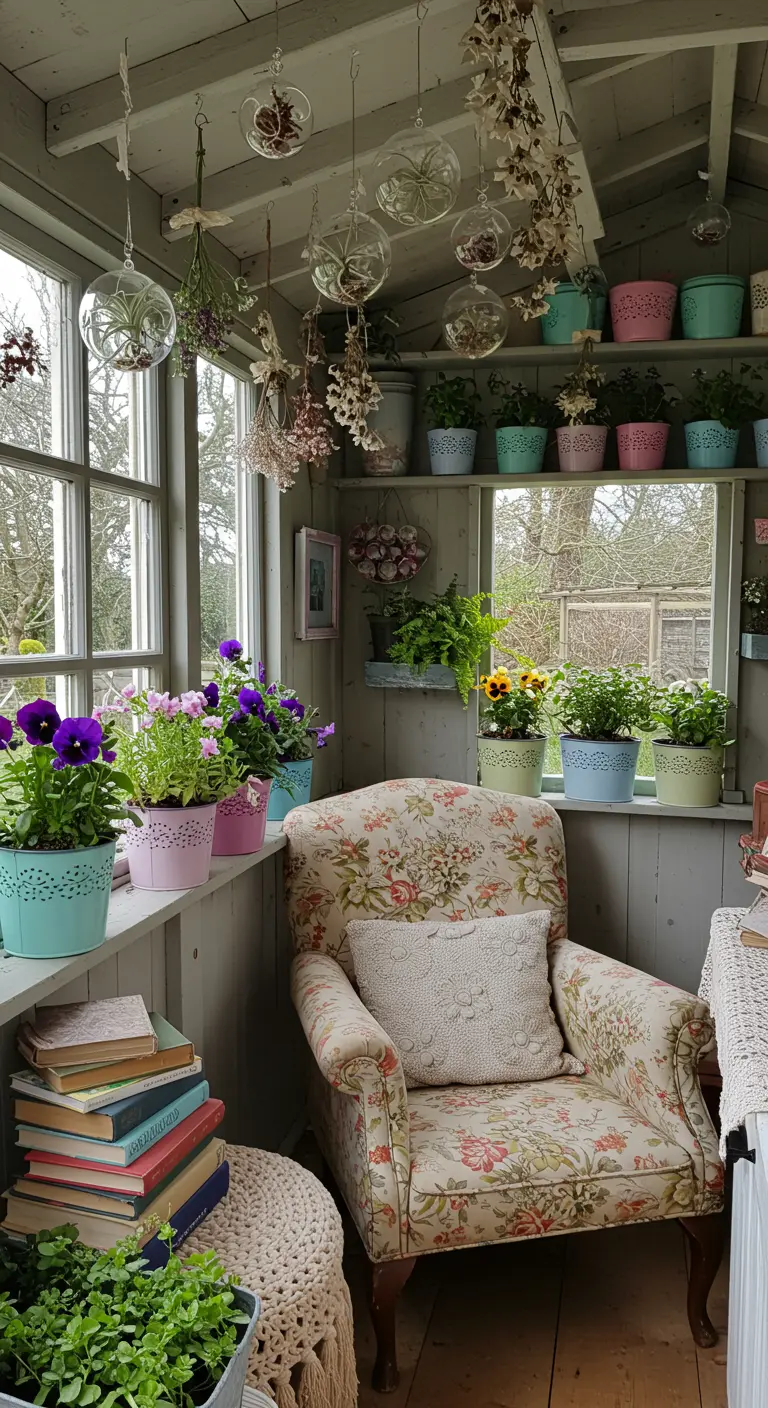 Cabane de jardin cosy avec fauteuil floral, plantes suspendues et pots pastel sur étagères.
