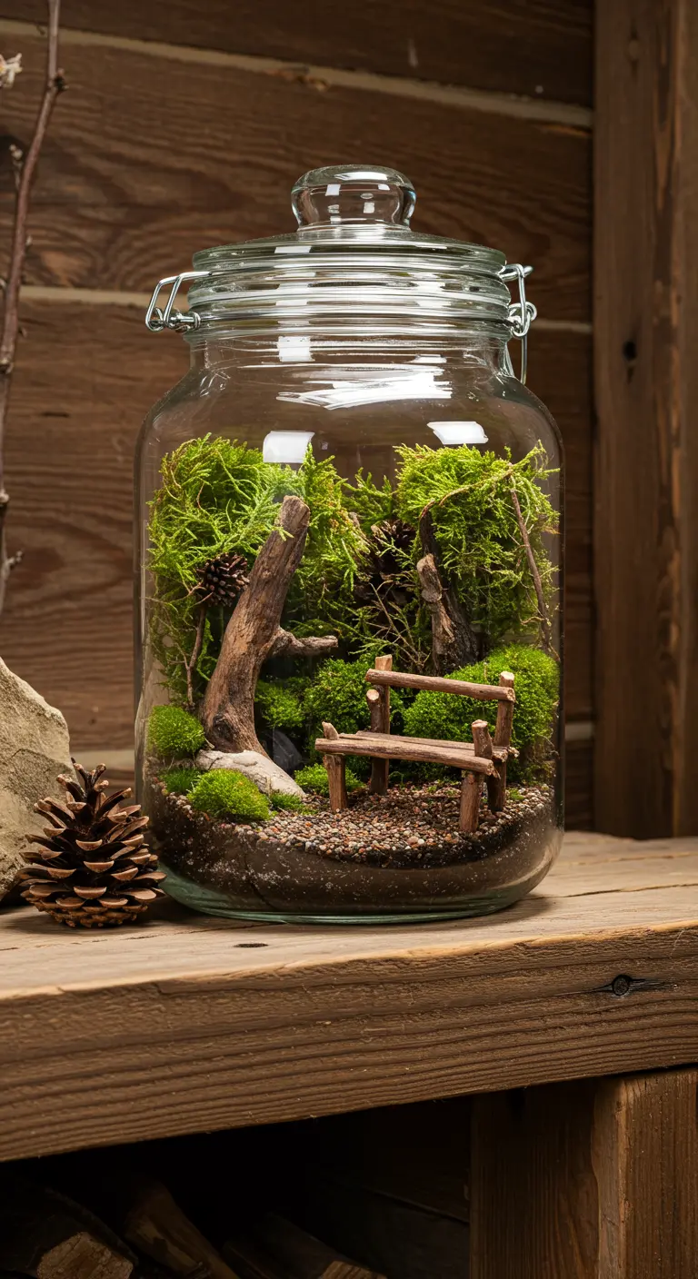 Grand bocal de conserve en verre abritant un terrarium forestier avec mousse, bois, pommes de pin et un banc miniature.