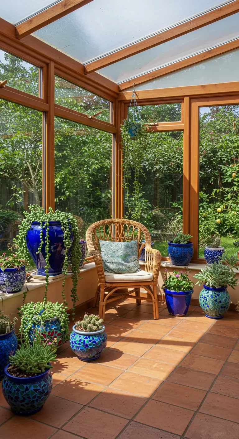 Véranda en bois avec une chaise en rotin et de nombreux pots bleus et mosaïques remplis de plantes.