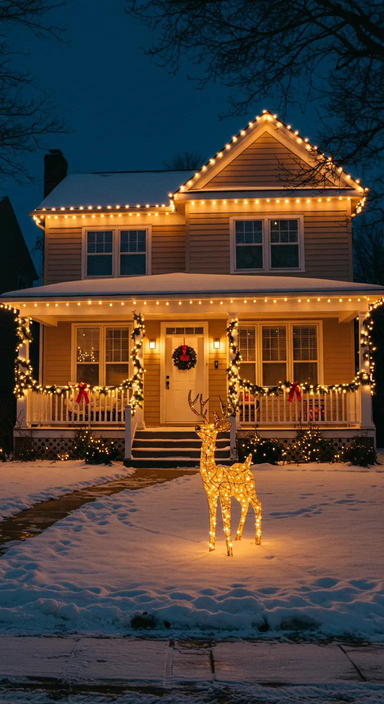 Maison individuelle décorée de guirlandes lumineuses sur le toit et un grand renne lumineux au milieu du jardin enneigé.