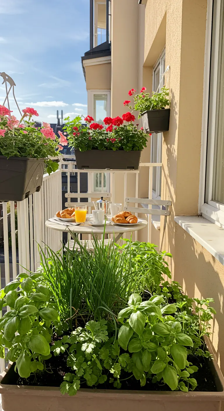Petit balcon ensoleillé avec bac d'herbes, petit-déjeuner, et jardinières de géraniums rouges.