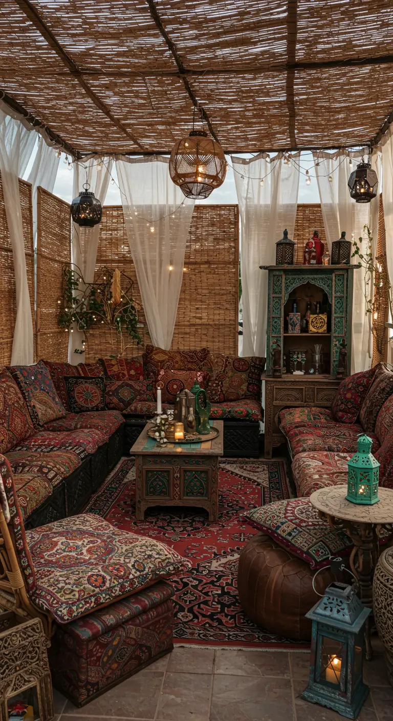 Terrasse inspirée des riads avec canapés bas, coussins orientaux, voilages et lanternes.