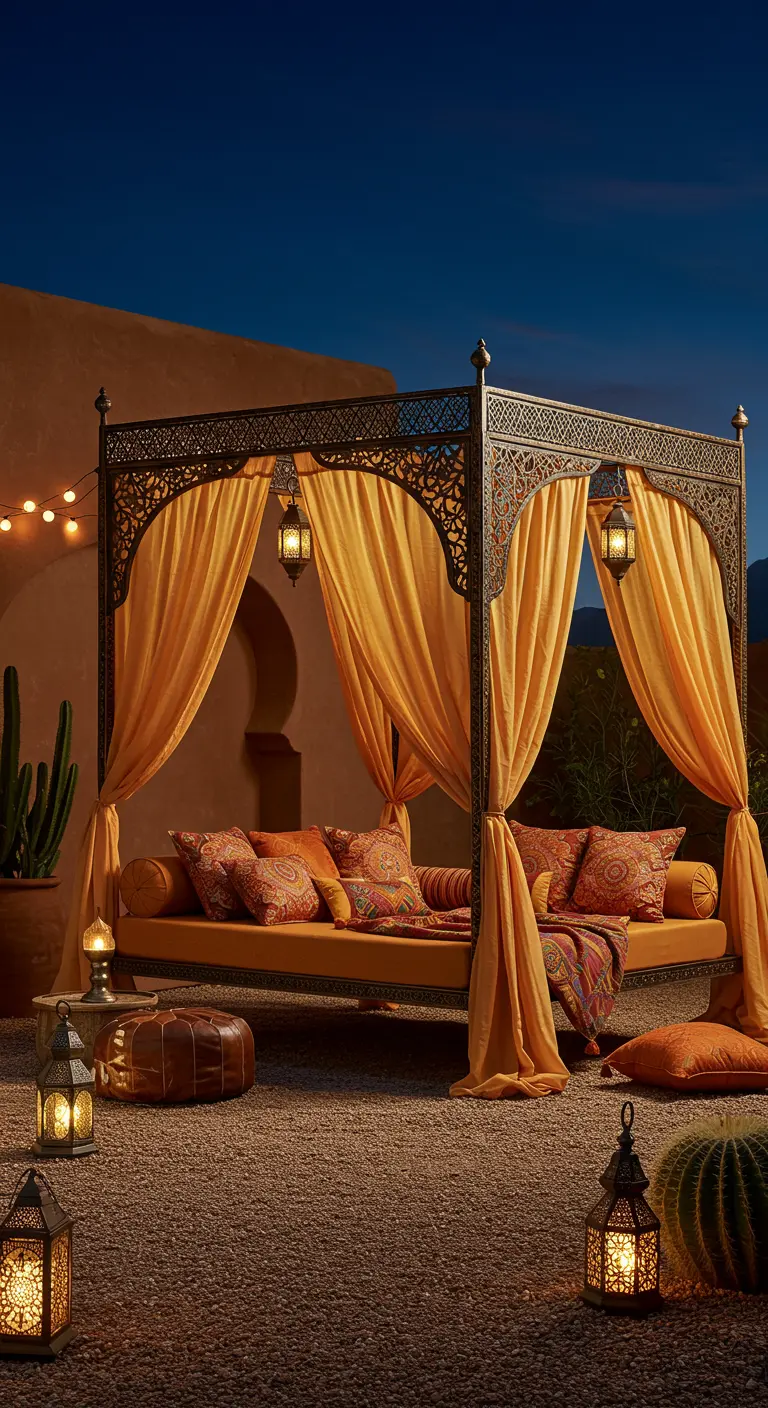 Un lit de jour suspendu sous un baldaquin oriental en fer forgé avec des voilages orange, décoré de lanternes marocaines.