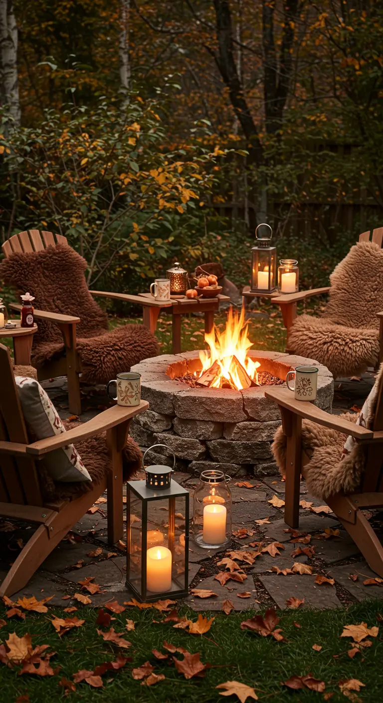 Foyer extérieur entouré de chaises en bois avec peaux de mouton et lanternes.