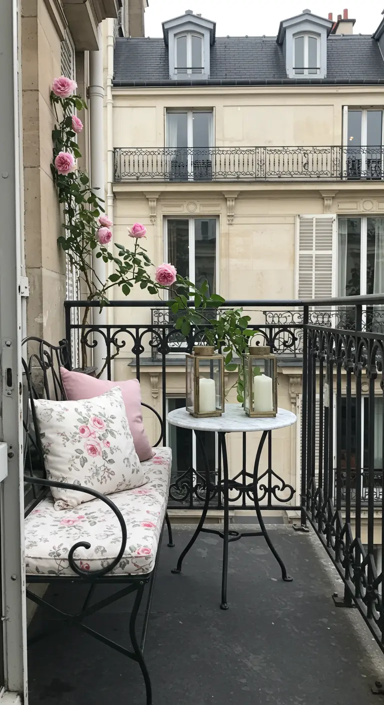 Petit balcon parisien romantique avec banquette en fer forgé, coussins floraux et roses grimpantes.