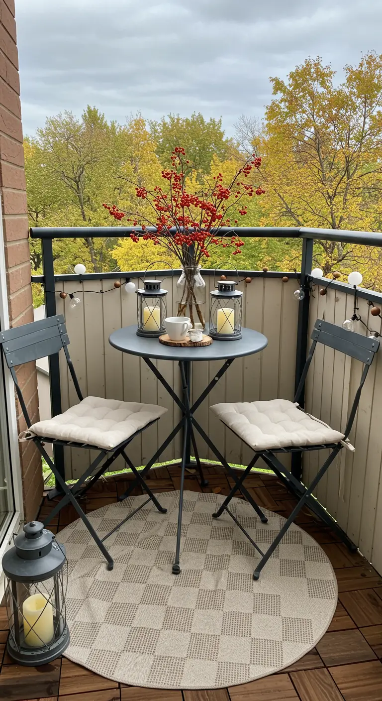 Petit balcon avec tapis rond, ensemble bistrot, branches de baies rouges et lanternes.