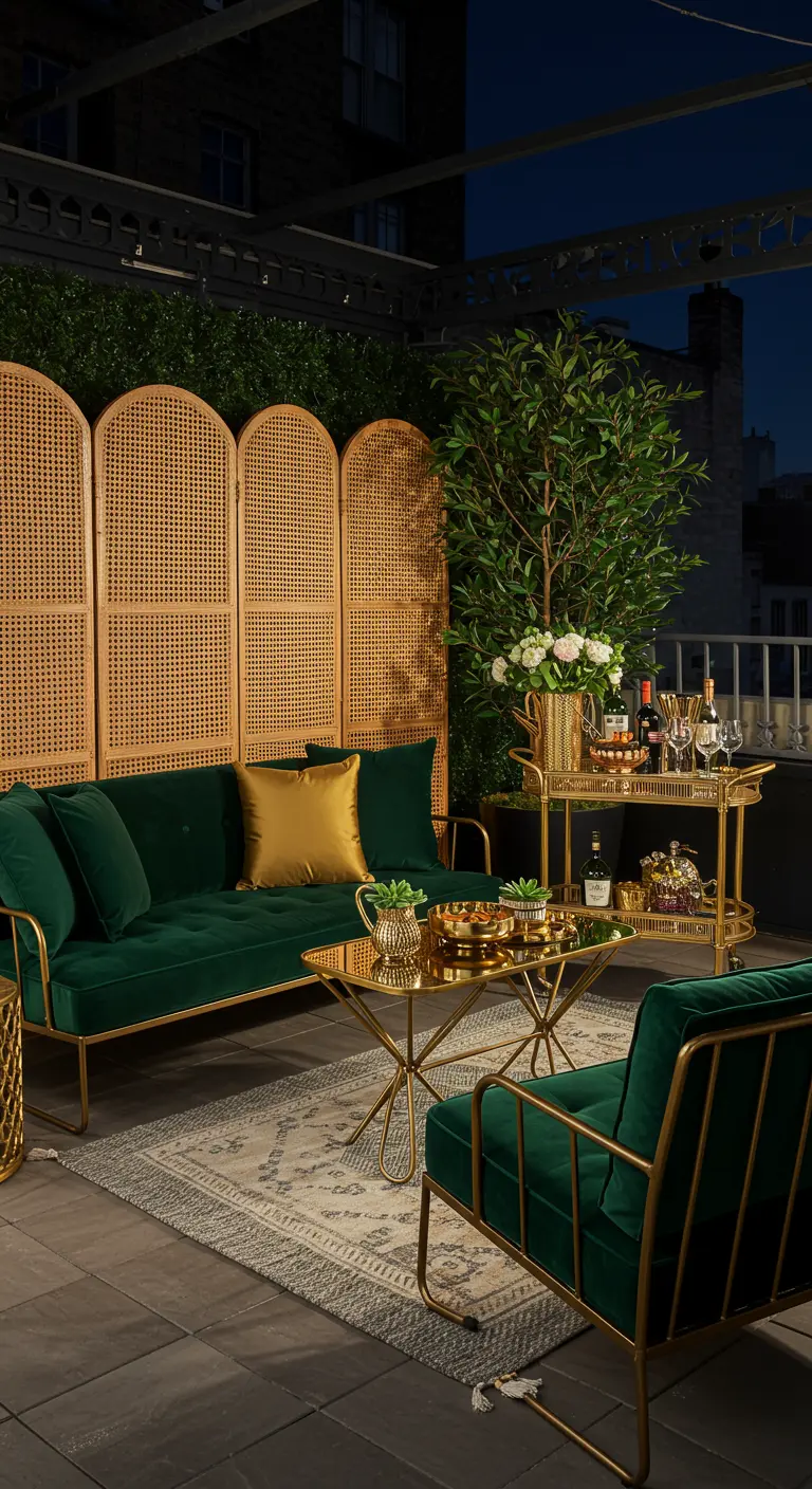 Terrasse de toit luxueuse avec un canapé en velours vert, un paravent en rotin, une table basse et un bar doré.