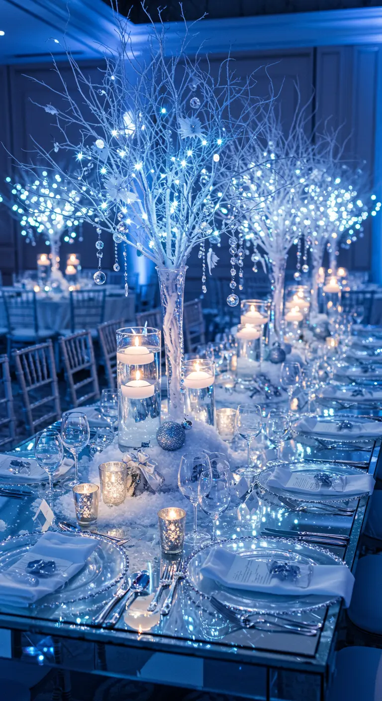 Table de dîner féerique d'hiver avec des arbres lumineux bleus, des bougies flottantes et des décorations argentées.