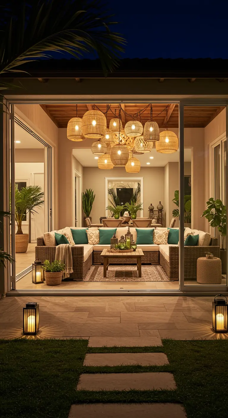 Grand salon d'extérieur en rotin avec un regroupement de suspensions lumineuses, vu de l'intérieur.