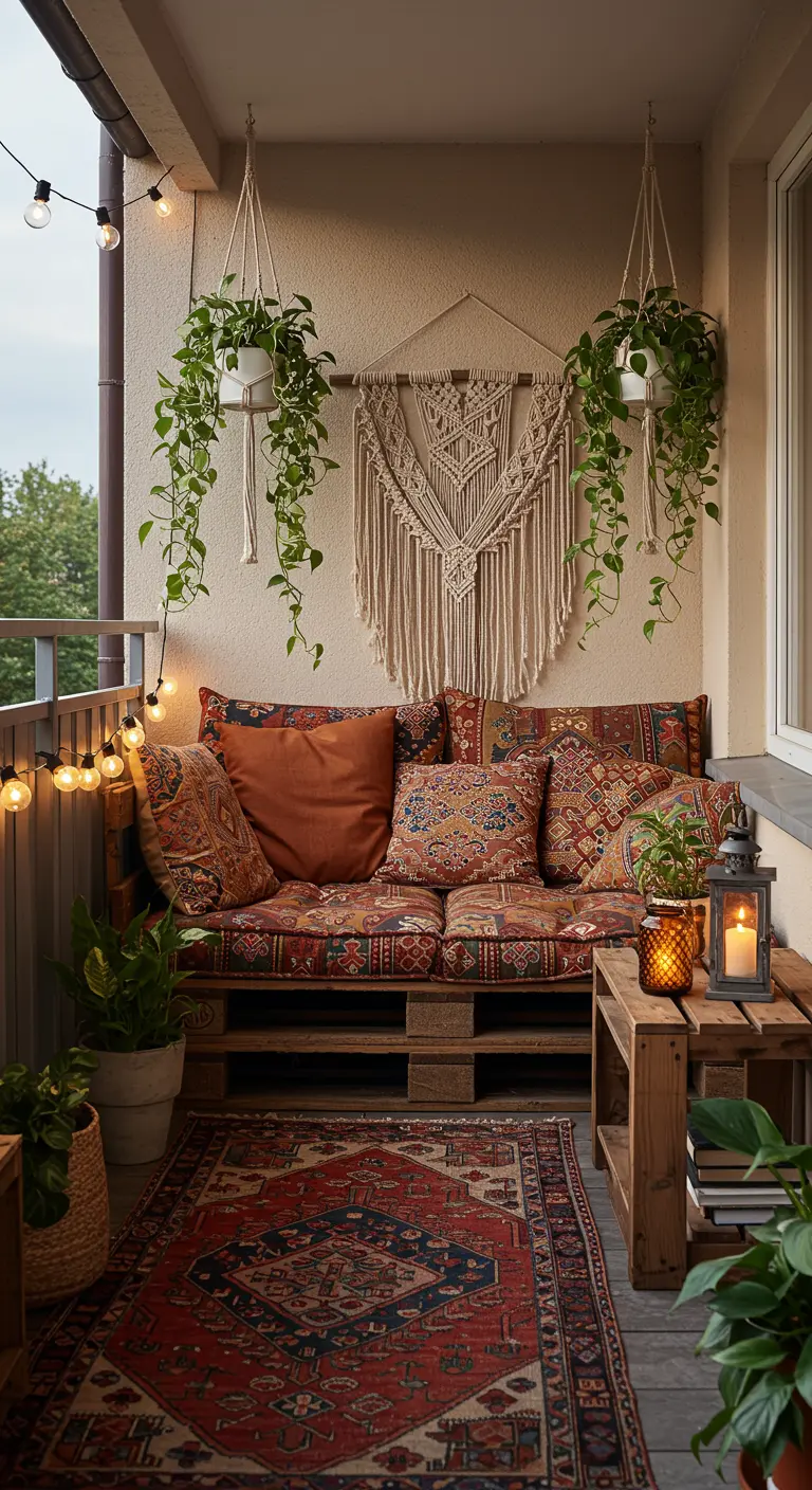 Banquette de balcon en palettes avec coussins colorés, macramé et plantes suspendues