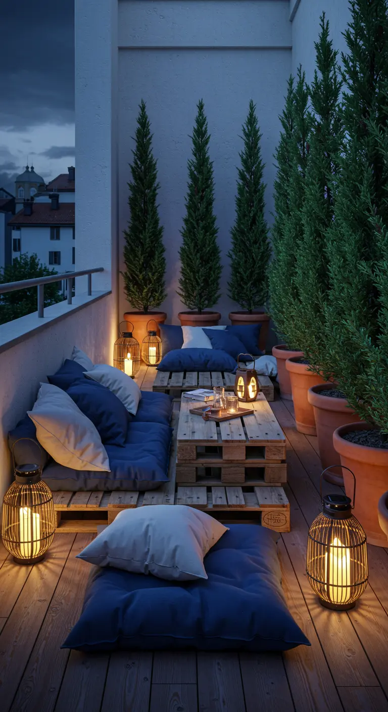 Toit-terrasse avec salon en palettes bleues, lanternes et grands conifères en pots.