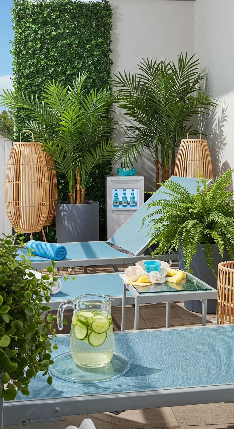 Balcon avec transats bleus, mini-frigo, mur végétal artificiel et lanternes en bambou.