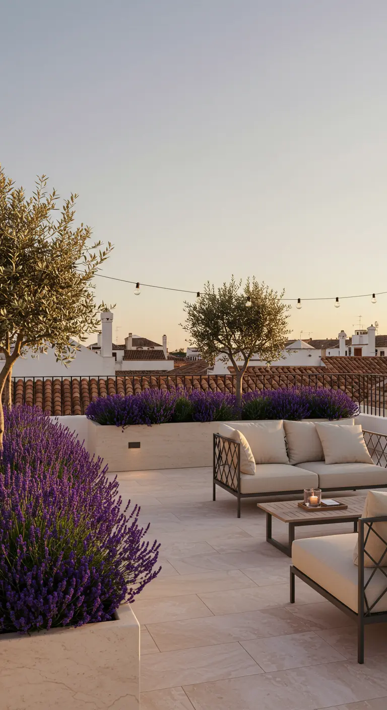 Terrasse sur le toit avec lavande, oliviers et salon extérieur au coucher du soleil.