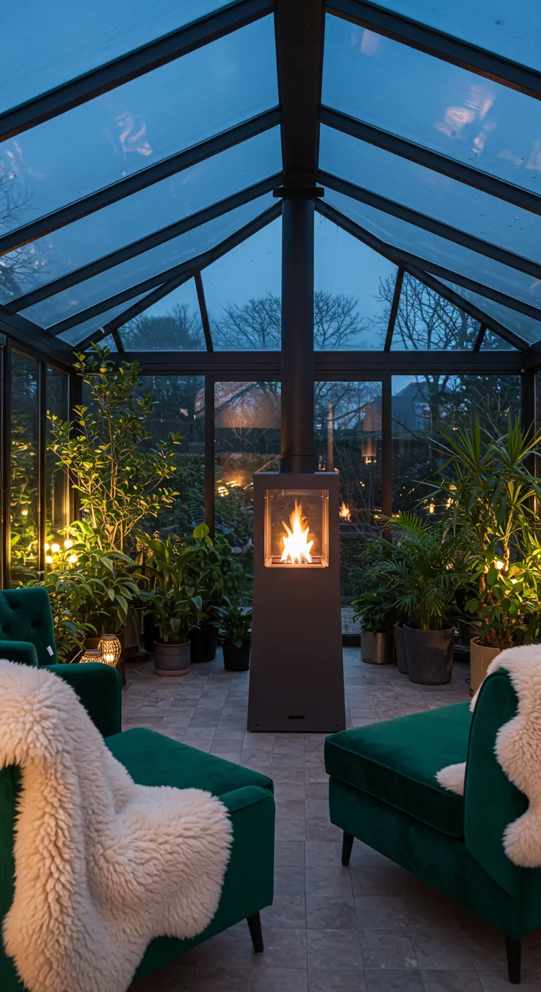 Jardin d'hiver vitré avec poêle central, fauteuils en velours vert avec fausse fourrure, plantes luxuriantes.