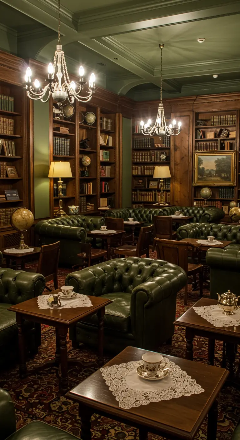 Salon de bibliothèque/club avec fauteuils en cuir, napperons en dentelle, chandeliers, livres.